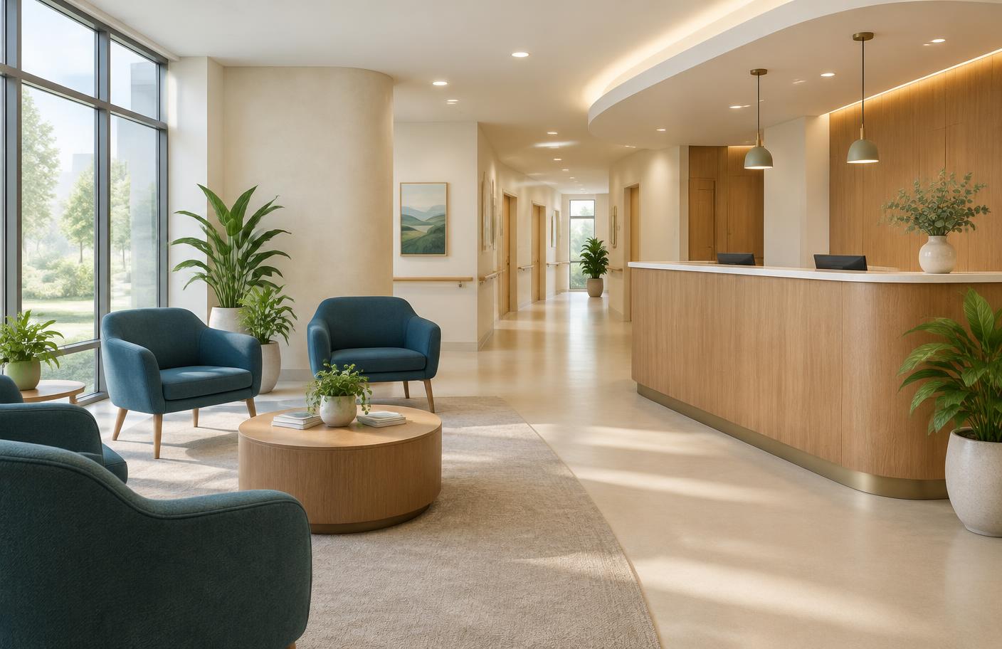 A calm, bright clinic reception area with seating and plants — representative image